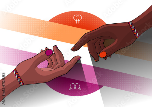 Colorful vector for LGBT pride. Hands of two lesbian people reaching each other. Love and friendship in the LGBTQIAPN+ community. Lesbian flag, symbols and halftone elements in the background.