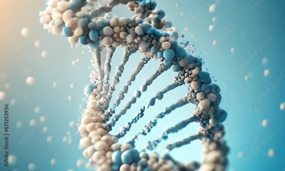 DNA double helix structure of white and blue molecular spheres ...