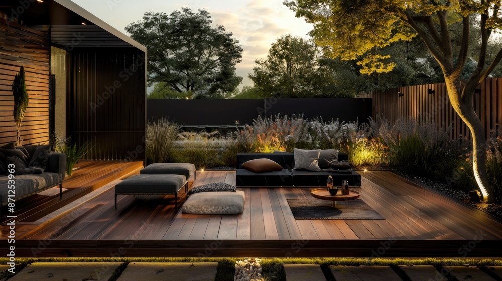 Fototapeta premium Modern design of home patio deck with garden view