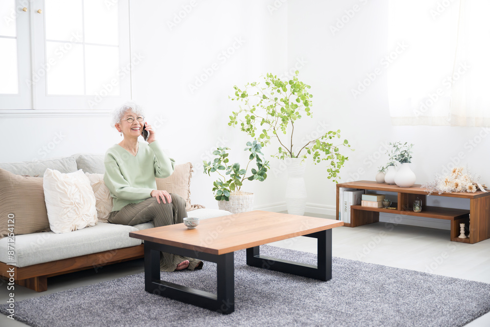 Elderly (senior) woman holding a cell phone (cell phone) and talking, smiling in profile Wide angle Elderly (senior) woman holding a cell phone (cell phone) and talking, smiling in profile Wide angle