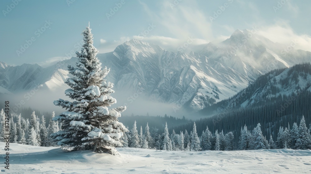 beautiful snow covered pine tree with snow filled pine forest and mountains background beautiful snow covered pine tree with snow filled pine forest and mountains background