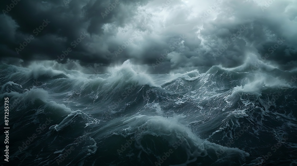 A dramatic ocean storm with towering waves and dark clouds A dramatic ocean storm with towering waves and dark clouds
