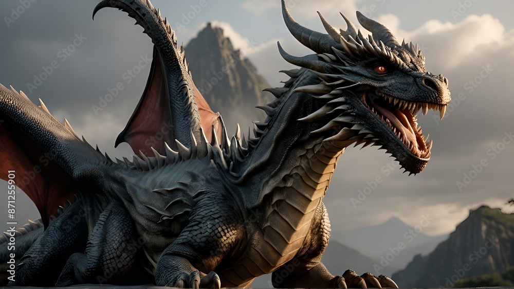 Foto de A large, menacing dragon with sharp scales and wings stands in ...