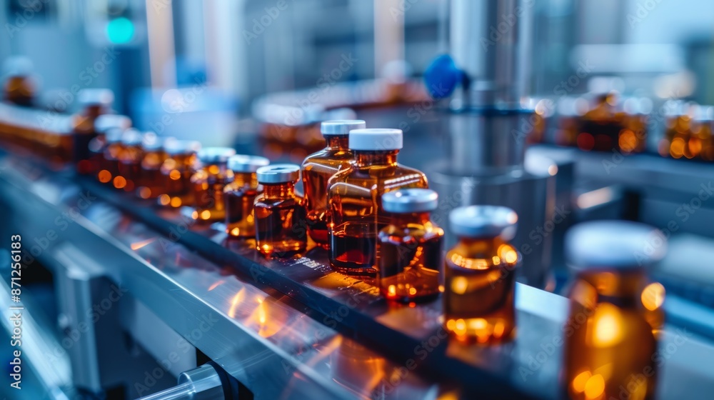 Medical vials on production line at pharmaceutical factory, Pharmaceutical machine working pharmaceutical glass bottles production line, health care, pandemic