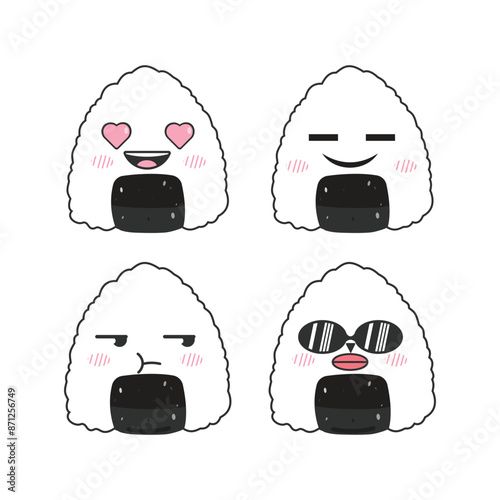 Set of cute onigiri rice ball emojis. Japanese food, cartoon character, Vector illustration
