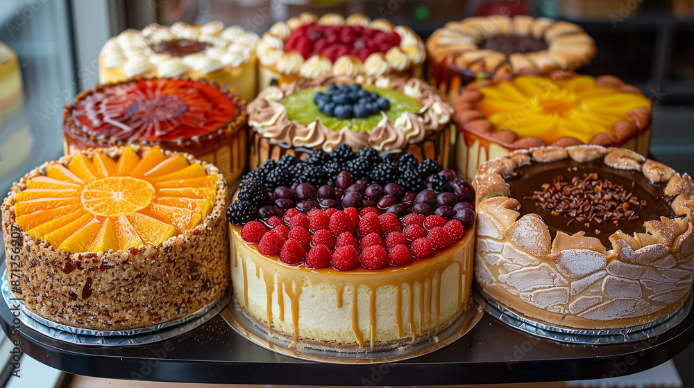 A row of cakes with different flavors and toppings. The cakes are arranged on a table and are displayed for sale A row of cakes with different flavors and toppings. The cakes are arranged on a table and are displayed for sale