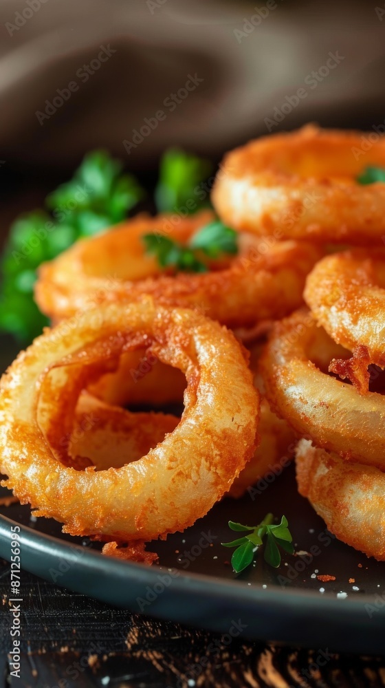 Close-up of crispy golden onion rings with parsley garnish, savory appetizer concept Close-up of crispy golden onion rings with parsley garnish, savory appetizer concept