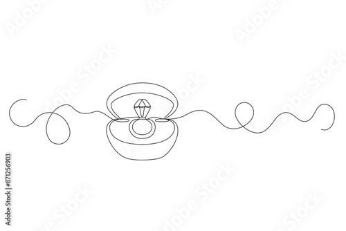 Diamond ring in box, engagement, wedding, is drawing as continuous line in minimalism. Editable vector contour