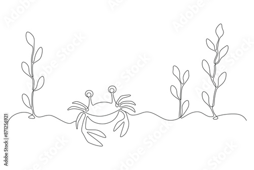 Crab and seaweed on bottom of reservoir, drawing in form of single continuous line in minimalism. Editable vector contour