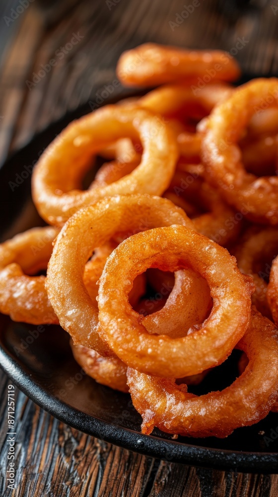 Close-up of crispy golden onion rings on a black plate, appetizing snack concept Close-up of crispy golden onion rings on a black plate, appetizing snack concept