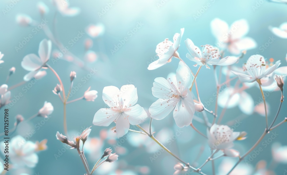 A serene blue background with delicate white flowers, creating an atmosphere of tranquility and nature's beauty. A serene blue background with delicate white flowers, creating an atmosphere of tranquility and nature's beauty.