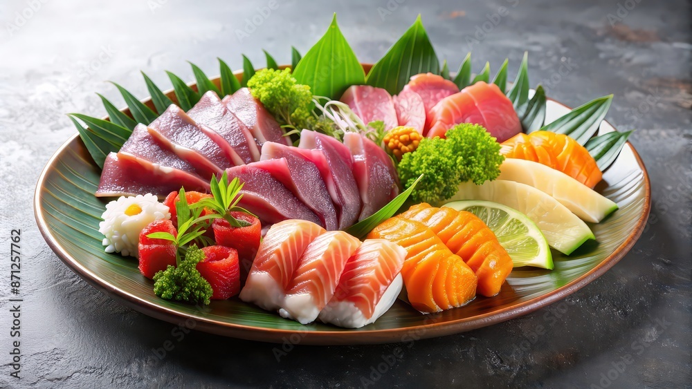 Assortment of freshly sliced raw fish, known as sashimi, beautifully arranged on a plate , Japanese cuisine Assortment of freshly sliced raw fish, known as sashimi, beautifully arranged on a plate , Japanese cuisine