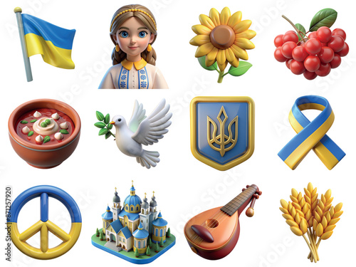 Collection of different ukrainian symbols with traditional yellow and blue colors