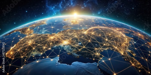 Fototapeta Naklejka Na Ścianę i Meble -  Aerial view of Earth at night with illuminated major cities connected by lines, Earth, night, cities, aerial view