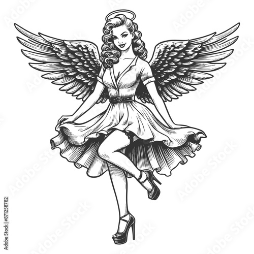 pin-up style angel sexy woman, featuring detailed wings and an elegant pose sketch engraving generative ai fictional character vector illustration. Scratch board imitation. Black and white image.