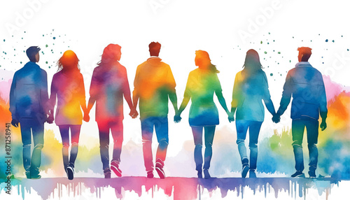 カラフルな手を繋ぐ人々のシルエット