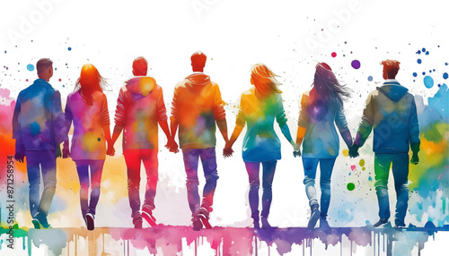 カラフルな手を繋ぐ人々のシルエット