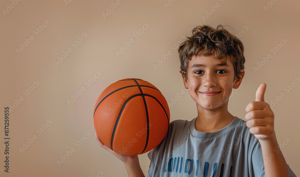 Smiling Boy Holding a Basketball and Giving Thumbs Up Smiling Boy Holding a Basketball and Giving Thumbs Up