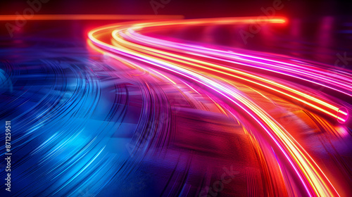 Captivating display of vibrant curved neon light trails glowing with electric luminous energy pulsing with hypnotic rhythmic patterns against a deep mysterious dark background