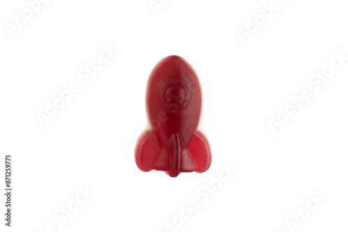 Fototapeta Naklejka Na Ścianę i Meble -  Marmalade in the shape of a Rocket.
Jelly candy isolated on white background.
A spaceship jelly candy displayed against a white backdrop.