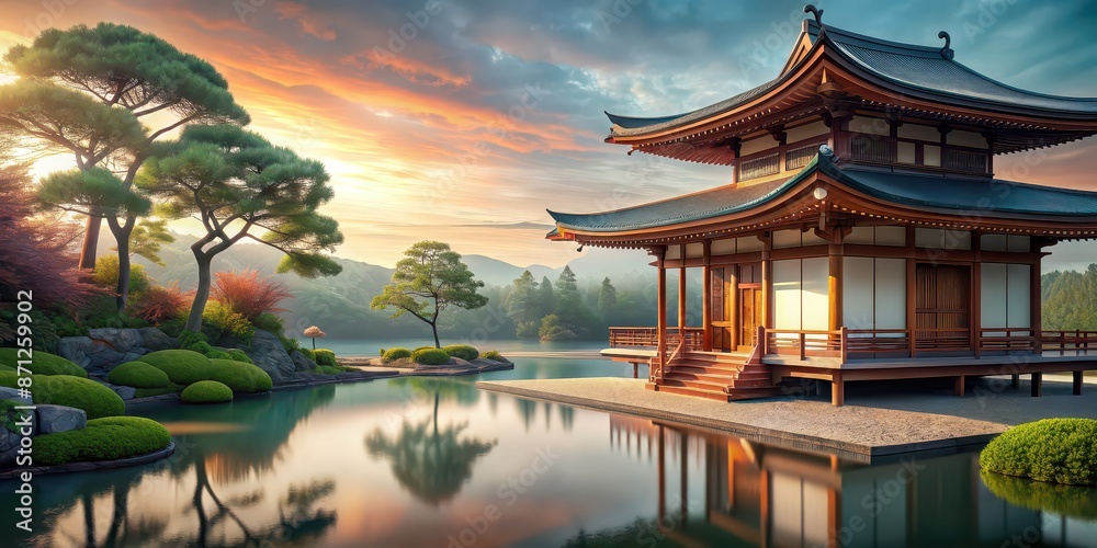 Obraz premium Serene Japanese landscape enhanced with volumetric stucco molding and copper elements, Japanese, landscape, serene
