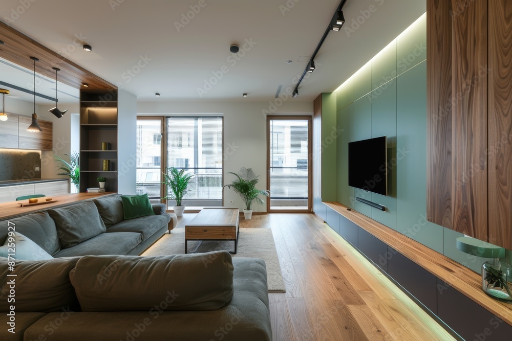 Interior of modern living room with green and wooden walls, wooden floor, comfortable sofa and tv. Interior of modern living room with green and wooden walls, wooden floor, comfortable sofa and tv.