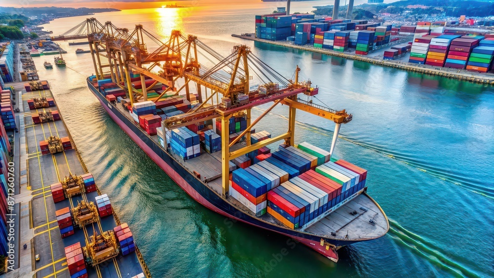 Aerial view of a container ship being loaded and unloaded at a cargo shipping port , cargo container Aerial view of a container ship being loaded and unloaded at a cargo shipping port , cargo container
