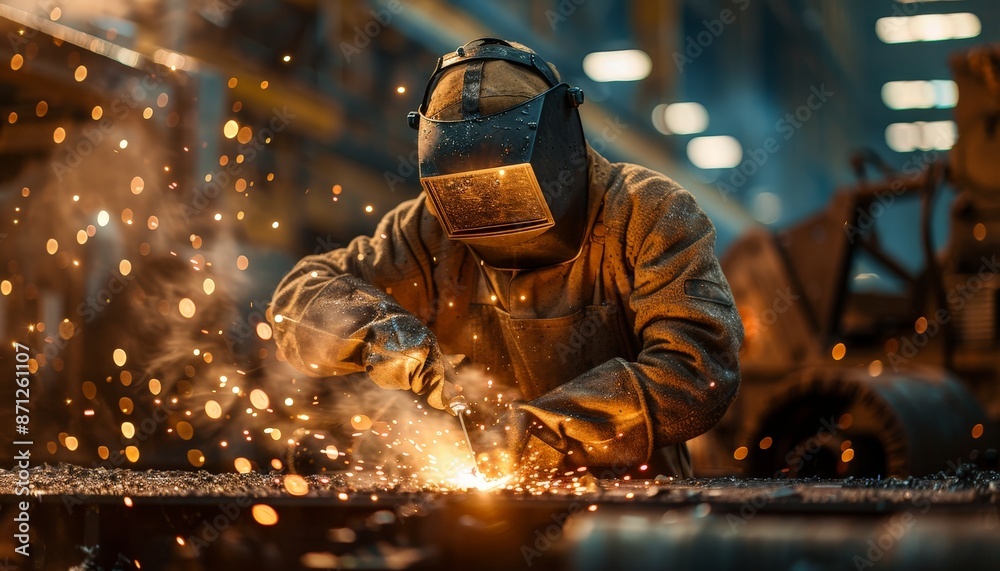 A steelworker in a protective suit and helmet, sparks flying as they weld a piece of machinery in an industrial setting A steelworker in a protective suit and helmet, sparks flying as they weld a piece of machinery in an industrial setting