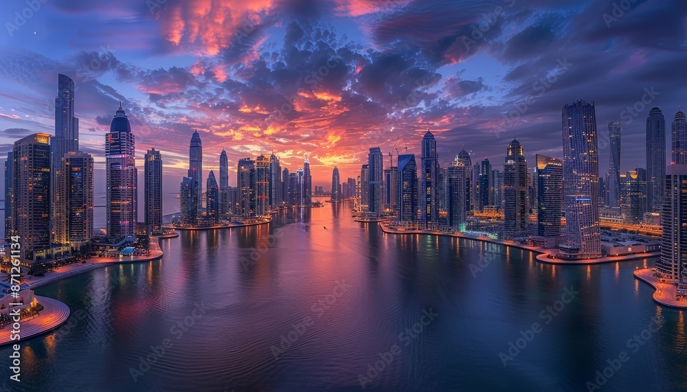 A sweeping panoramic view of a bustling cityscape at dusk, with skyscrapers illuminated by thousands of lights and a river reflecting the glow of the sunset A sweeping panoramic view of a bustling cityscape at dusk, with skyscrapers illuminated by thousands of lights and a river reflecting the glow of the sunset