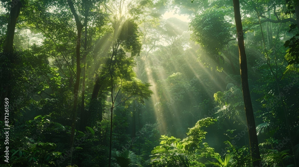 Fototapeta premium Sunlight streaming through a dense forest, tall trees and vibrant green canopy, lush foliage, ideal for landscape lovers, intricate details