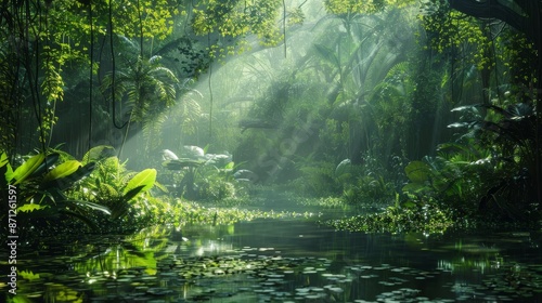 Sunlight streaming through thick jungle foliage, casting light on a mystical pond, vibrant greens, serene water, detailed textures, enchanting ambiance