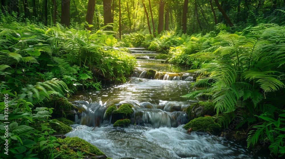 Sunlit forest stream with flowing water, surrounded by lush green plants, tranquil atmosphere, detailed and serene natural beauty Sunlit forest stream with flowing water, surrounded by lush green plants, tranquil atmosphere, detailed and serene natural beauty