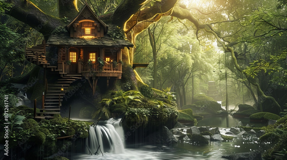 Fototapeta premium Sunlit tree house by a flowing forest stream, lush greenery, detailed textures, serene and inviting, nature's beauty and tranquility