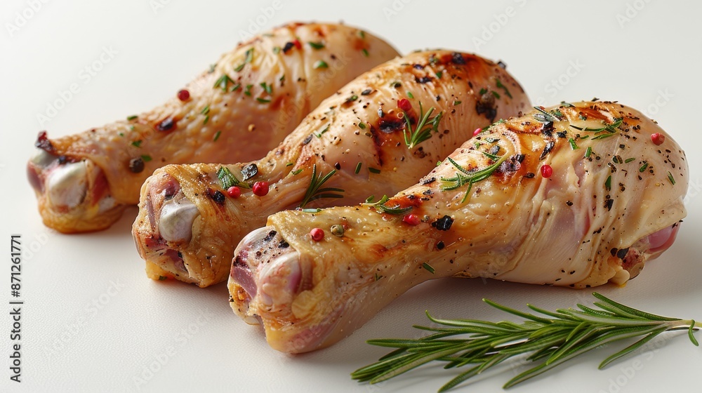 Marinated chicken drumsticks with herbs and spices on white background Marinated chicken drumsticks with herbs and spices on white background