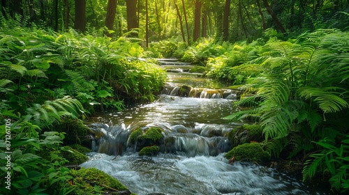 Sunlit forest stream with flowing water, surrounded by lush green plants, tranquil atmosphere, detailed and serene natural beauty