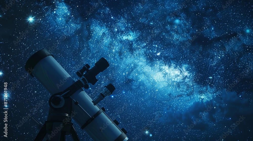 Fototapeta premium Telescope at an observatory, beneath a brilliant starry sky, detailed celestial objects, serene and enchanting night scene