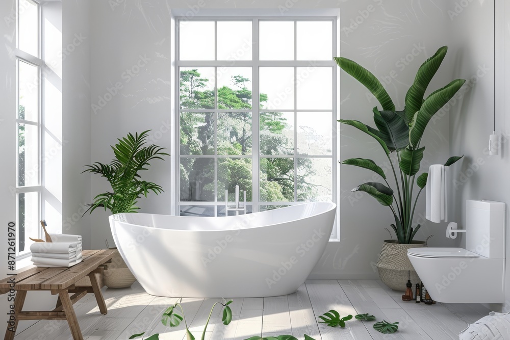 Interior of modern bathroom with white walls, wooden floor, white bathtub and green plants. Interior of modern bathroom with white walls, wooden floor, white bathtub and green plants.