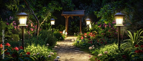 Solar-powered outdoor lighting illuminating a garden pathway, lush garden with flowers and plants. Solar-powered lighting. Integration of solar technology. Banner