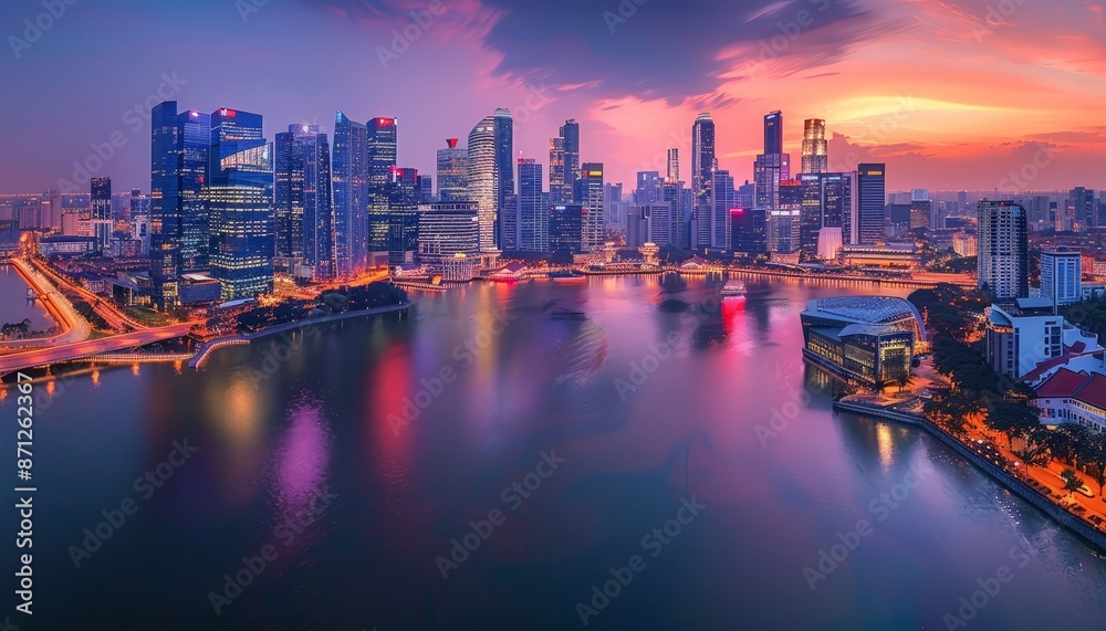 A sweeping panoramic view of a bustling cityscape at dusk, with skyscrapers illuminated by thousands of lights and a river reflecting the glow of the sunset