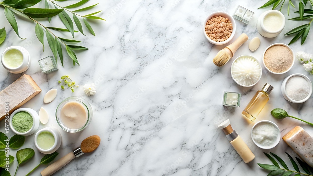 Organic beauty cosmetics on marble, home spa flatlay background Organic beauty cosmetics on marble, home spa flatlay background
