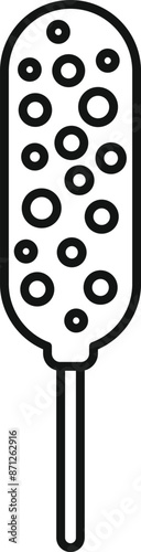 Black and white line art of a corn dog on a stick dipped in batter with bubbles