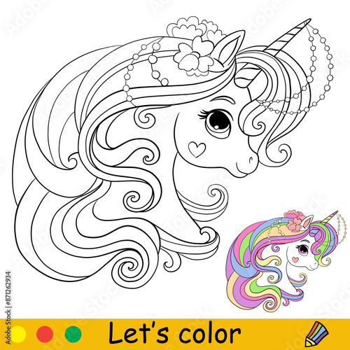 Coloring with color template unicorn head vector