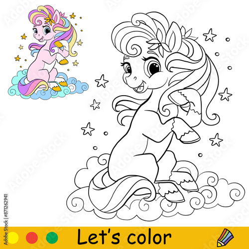 Coloring with color template cute pony vector
