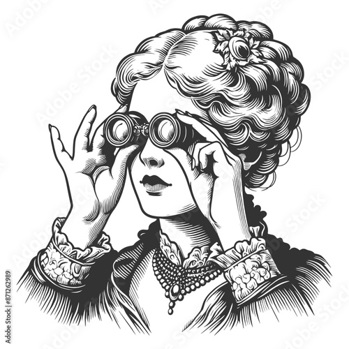 elegant Victorian woman using opera glasses, classic beauty and refined style sketch engraving generative ai fictional character vector illustration. Scratch board imitation. Black and white image.