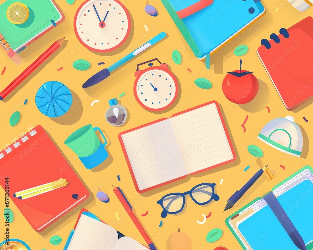Colorful flat lay of school supplies on yellow background, perfect for education, back to school, and learning concepts. Colorful flat lay of school supplies on yellow background, perfect for education, back to school, and learning concepts.