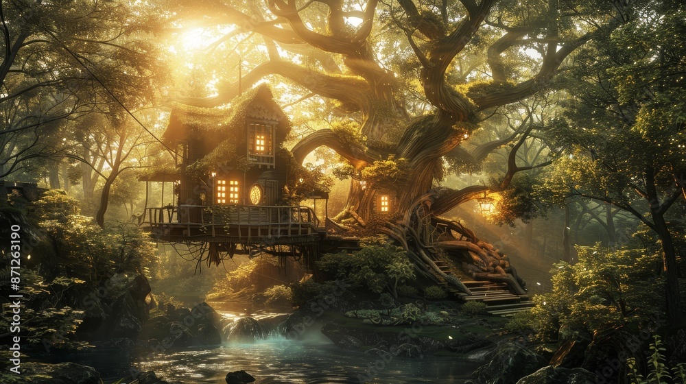 Tree house in a sun-drenched forest, clear stream flowing, rich green plants, detailed textures, tranquil and magical setting Tree house in a sun-drenched forest, clear stream flowing, rich green plants, detailed textures, tranquil and magical setting