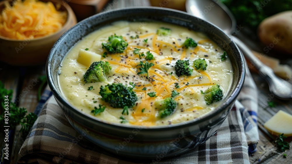 Creamy Broccoli and Cheddar Cheese Soup A bowl of creamy broccoli and cheddar cheese soup garnished with fresh broccoli and herbs, served on a rustic cloth Creamy Broccoli and Cheddar Cheese Soup A bowl of creamy broccoli and cheddar cheese soup garnished with fresh broccoli and herbs, served on a rustic cloth