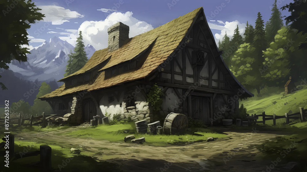 Farmhouse nestled in a mystical enchanted forest landscape. Fantasy wallpaper Farmhouse nestled in a mystical enchanted forest landscape. Fantasy wallpaper