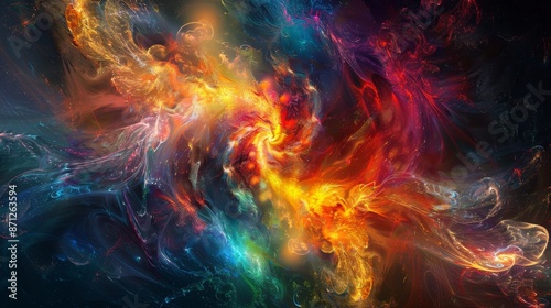 Vibrant mystical energy radiating, intense color palette, swirling patterns, dark void background, detailed and enchanting