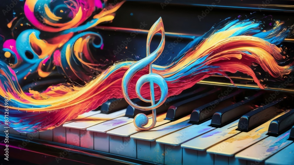 A vibrant, artistic image combining art and music, featuring a colorful treble clef painted by a brush, with a piano in the background, using watercolor, ink, and acrylics, showcasing melody, harmony, A vibrant, artistic image combining art and music, featuring a colorful treble clef painted by a brush, with a piano in the background, using watercolor, ink, and acrylics, showcasing melody, harmony,
